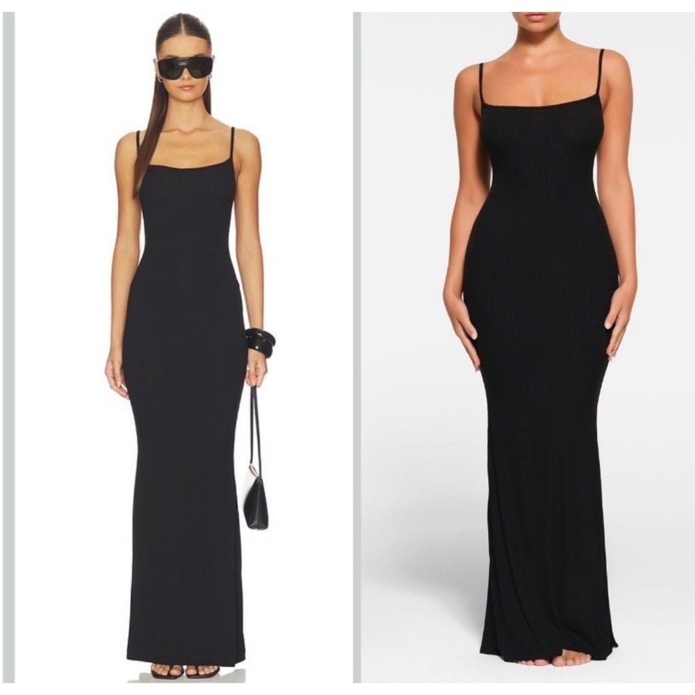 NWT SKIMS Soft Lounge Long Slip Dress Women S Onyx Black Essential Sleek Bodycon